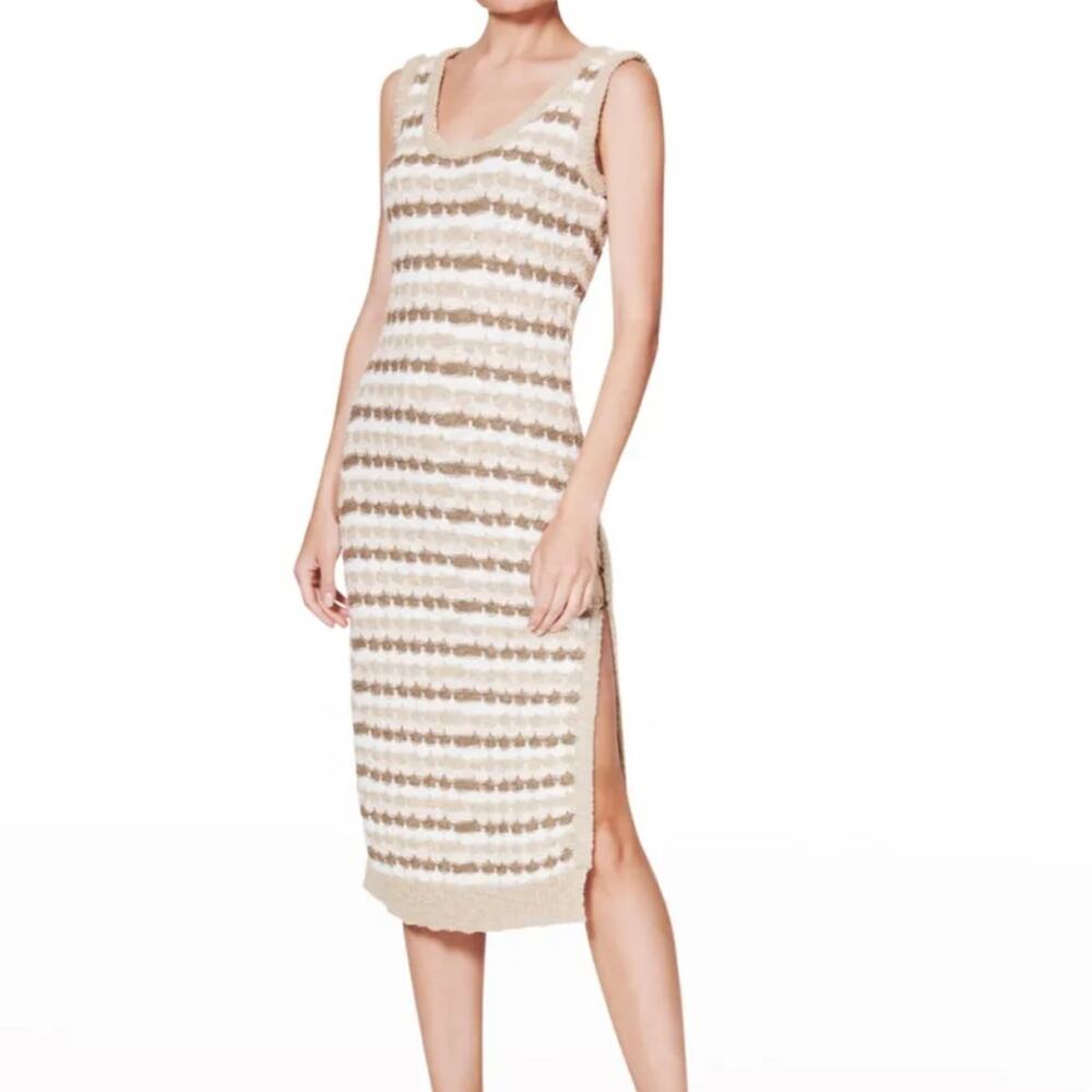 Rami Brook Nori Brown Striped Knit Woven Slit Midi Tank Dress Size Large